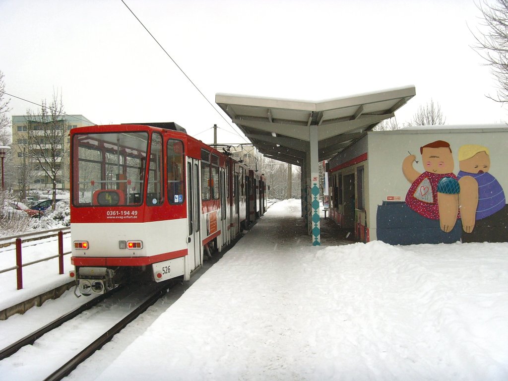 Abfahrbereiter KT4D-Zug an der Endstelle Wiesenhgel (Linie 4), Erfurt 3.1.2010