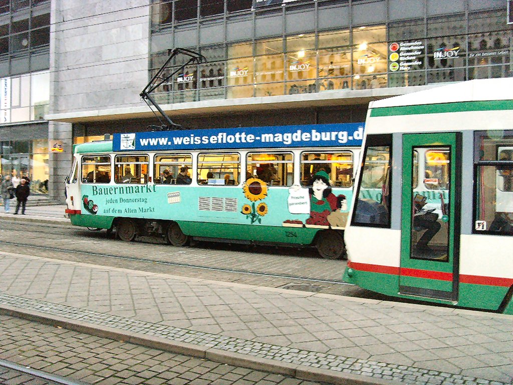Alter Tatra-Zug und Niederflurbahn in Magdeburg, November 2009