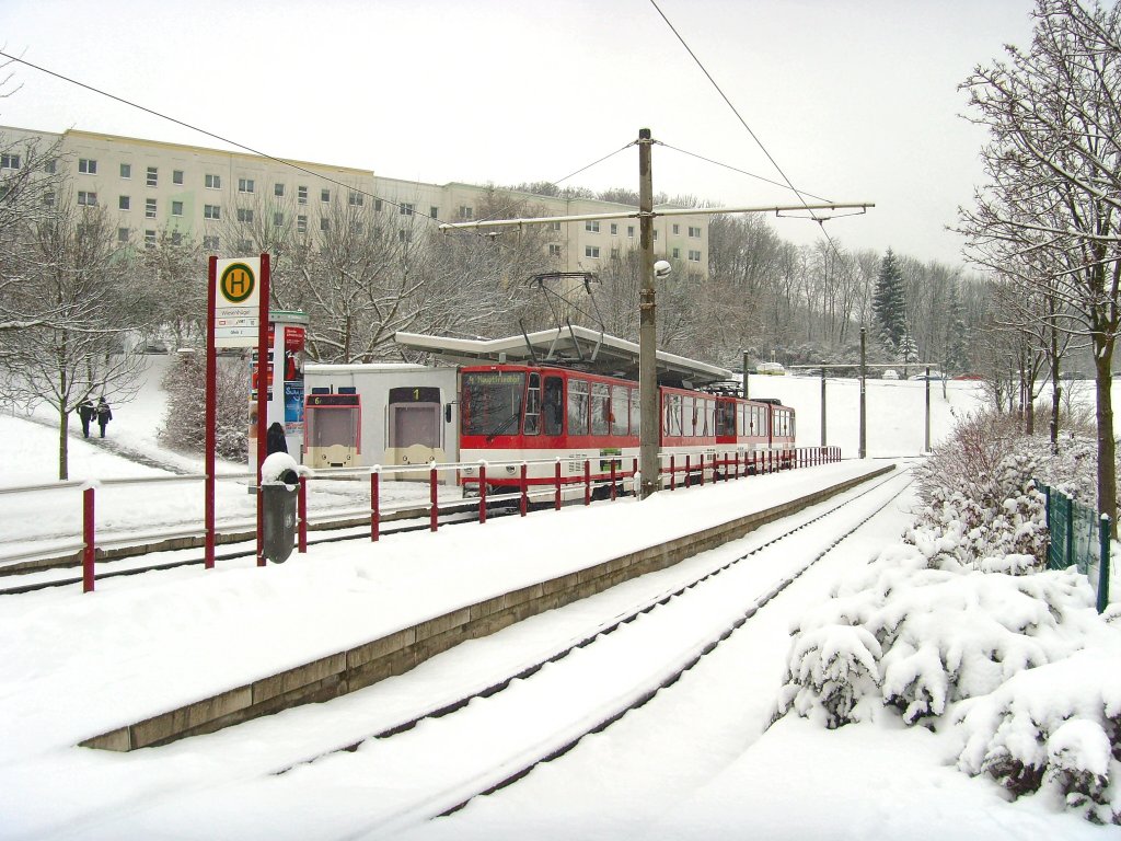 Blick zur Wendeschleife Wiesenhgel mit berholgleis, Erfurt 3.1.2010