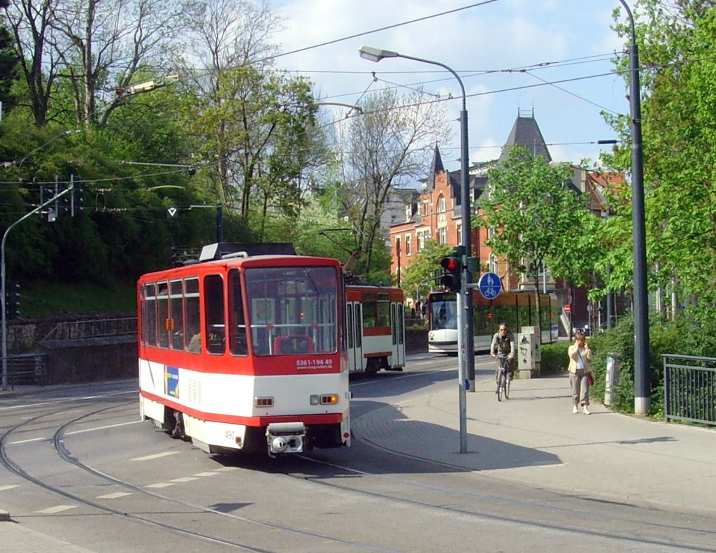 Tatra-Zug der Linie 1 am Stadtparkkopf, Erfurt 2010
