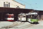 Strasenbahn/78656/tw-163-htw-31-und-tw Tw 163, HTw 31 und Tw 154 im Straenbahndepot Halberstadt (1995)